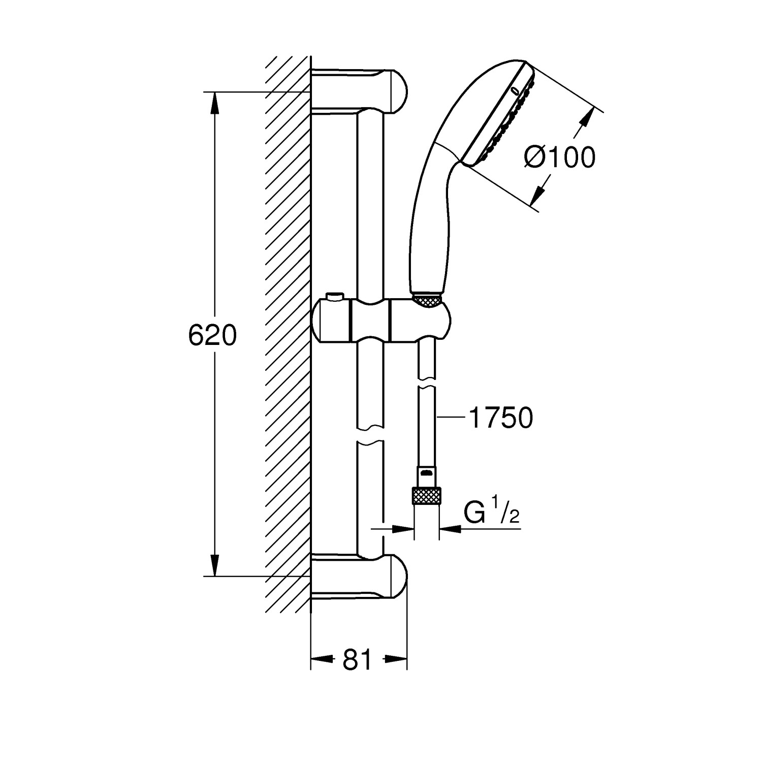 Disegno tecnico: Set asta doccia Grohe QuickFix Vitalio Go 100 con dimensioni.