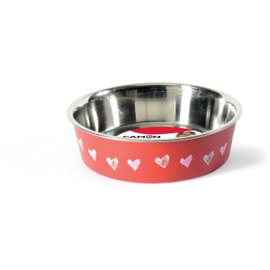 Ciotola per cani rossa con cuori, interno in acciaio inox. Pratica ed elegante per ogni cane.