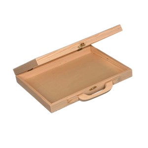 Valigetta in legno aperta per accessori artistici, vuota.