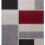 Tappeto moderno con motivo geometrico in grigio, nero e rosso.
