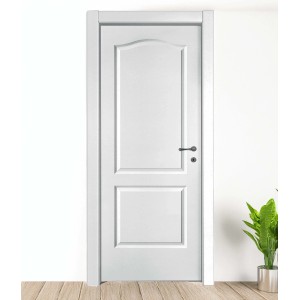 Porta interna bianca con due pannelli e maniglia nera.