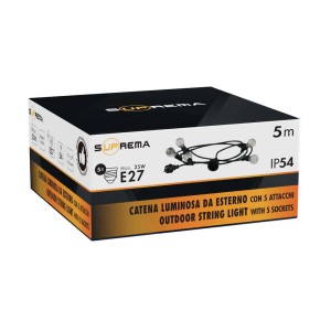 Confezione di una t.b.t. portalampada con 5 luci, attacco E27, lunghezza 5m e protezione IP54.