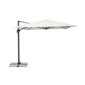 Ombrellone a braccio t.b.t. con telo chiaro e supporto grigio.