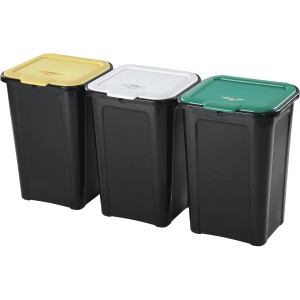 Set di tre pattumiere t.b.t. nere con coperchi giallo, bianco e verde.