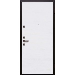 Porta blindata bianca con telaio e maniglia neri.