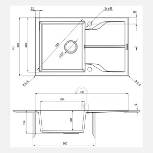 Lavello 1 vasca incasso Sagua la Grande gocciolatoio 490x194 mm Antracite Met