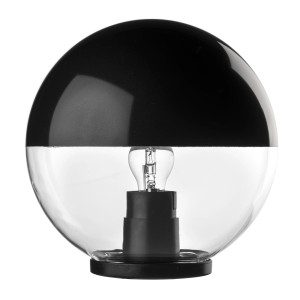 Applique da esterno t.b.t. nera a forma sferica con paralume trasparente.