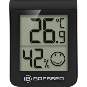 Termoigrometro BRESSER nero che mostra temperatura e umidità.