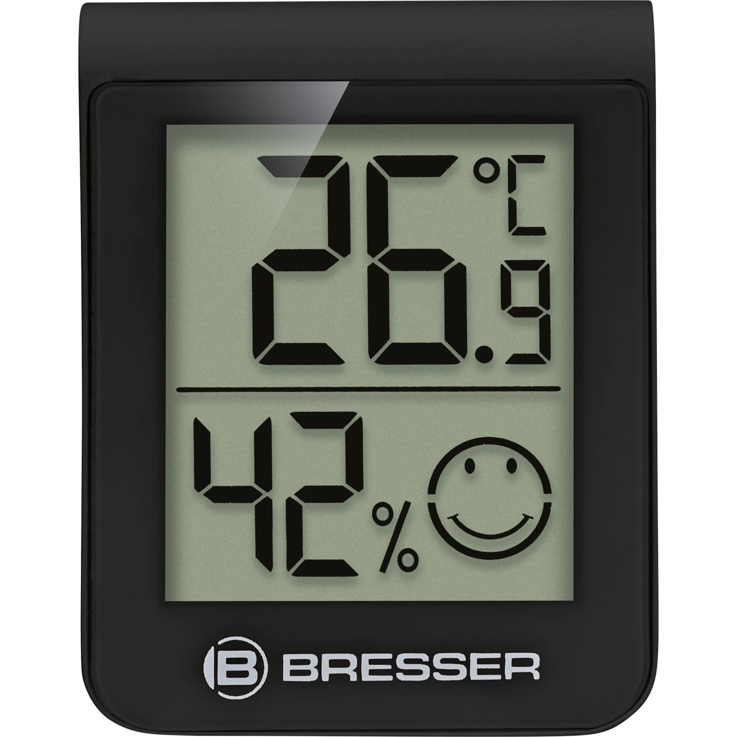 Termoigrometro BRESSER nero che mostra temperatura e umidità.