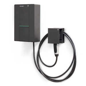Wallbox nera per auto elettriche con cavo di ricarica e supporto.