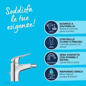 Miscelatore monocomando per bidet t.b.t. cromato con evidenziazione delle funzioni.