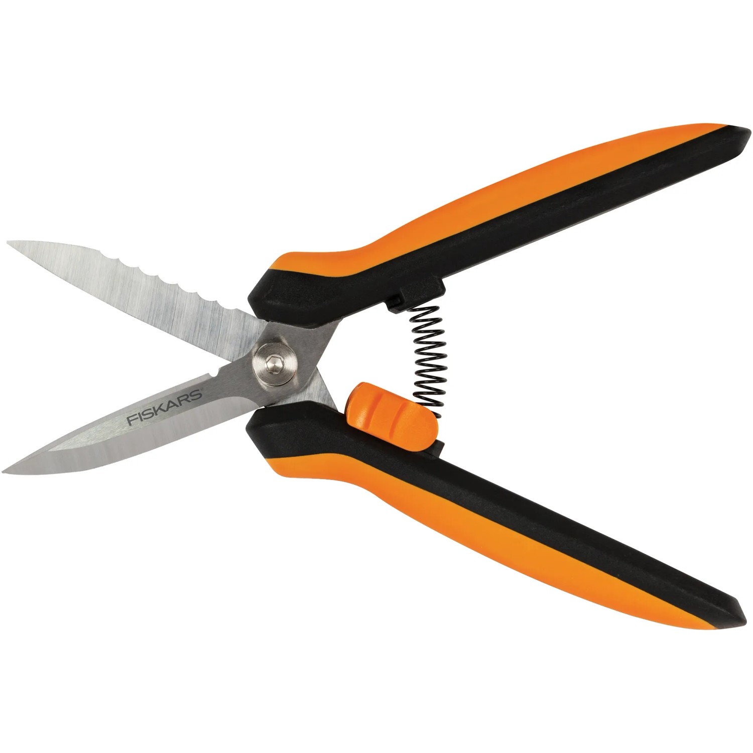 Forbici da giardino multiuso Fiskars SP320, arancio-nero, con tagliafili e lama seghettata.