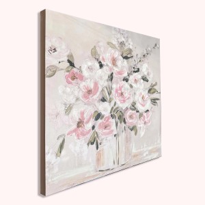 Quadri: Dipinto con fiori rosa e bianchi in vasi, arte astratta.