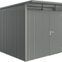 Casetta da giardino in metallo grigio con porta. Ideale per riporre gli attrezzi da giardino.
