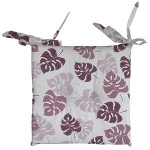 Cuscino quadrato da esterno con motivo a foglie di monstera viola e lacci.