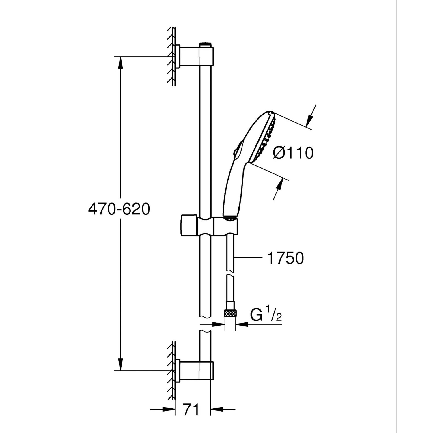 Disegno tecnico del set doccia Grohe Vitalio Start 110 cromato con dimensioni.