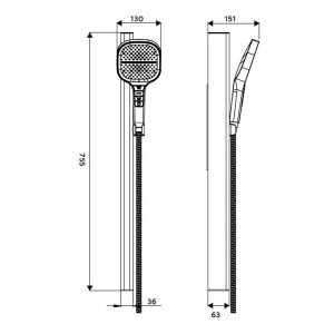 Disegno tecnico: soffione doccia t.b.t. con dimensioni, accessori per docce.