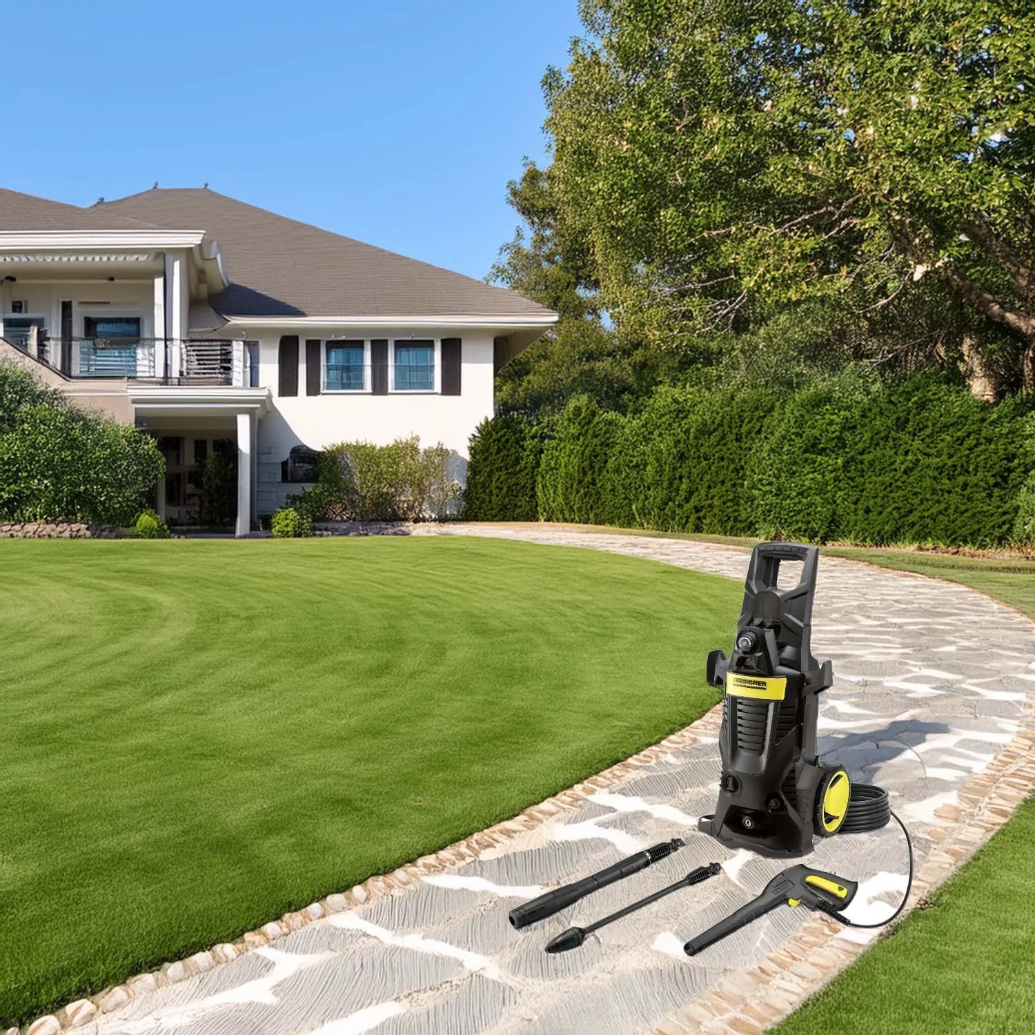 Idropulitrice con accessori su un sentiero lastricato davanti a casa e giardino.
