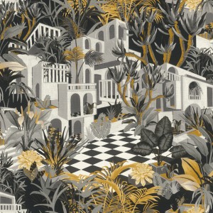 Carta da parati in tessuto non tessuto Rasch Tropical House con paesaggio, palme e bungalow in nero opaco, grigio e oro.