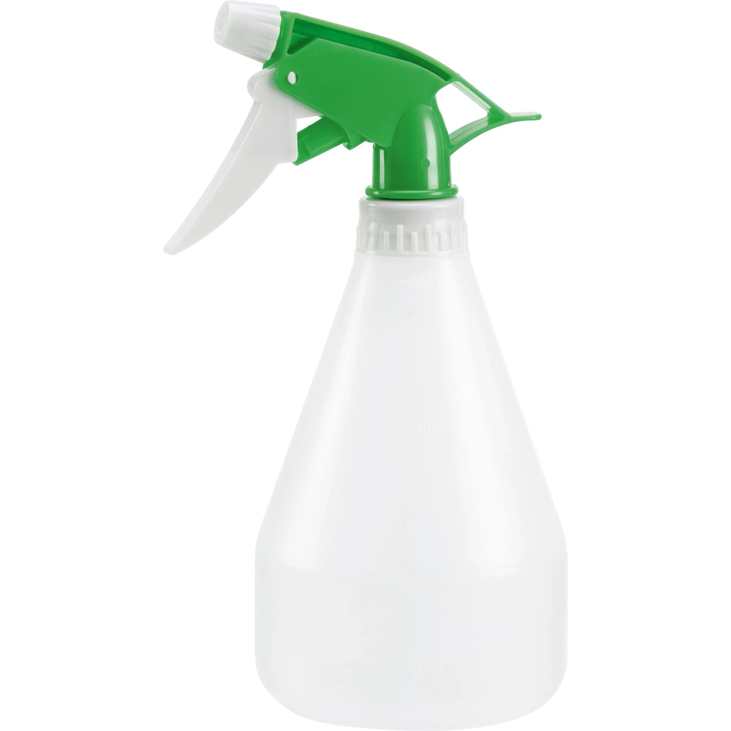 Flacone spray trasparente da 500 ml con spruzzino verde, ideale per la cura delle piante e la pulizia.