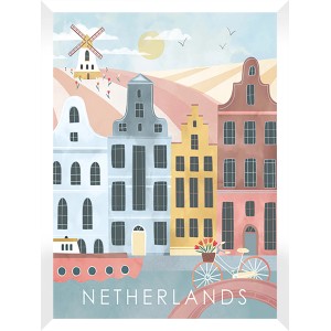 Quadri: Scena colorata dei Paesi Bassi con case, mulino a vento e bicicletta in una cornice.