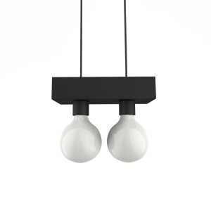 Lampada a sospensione nera t.b.t. con due lampadine bianche rotonde.