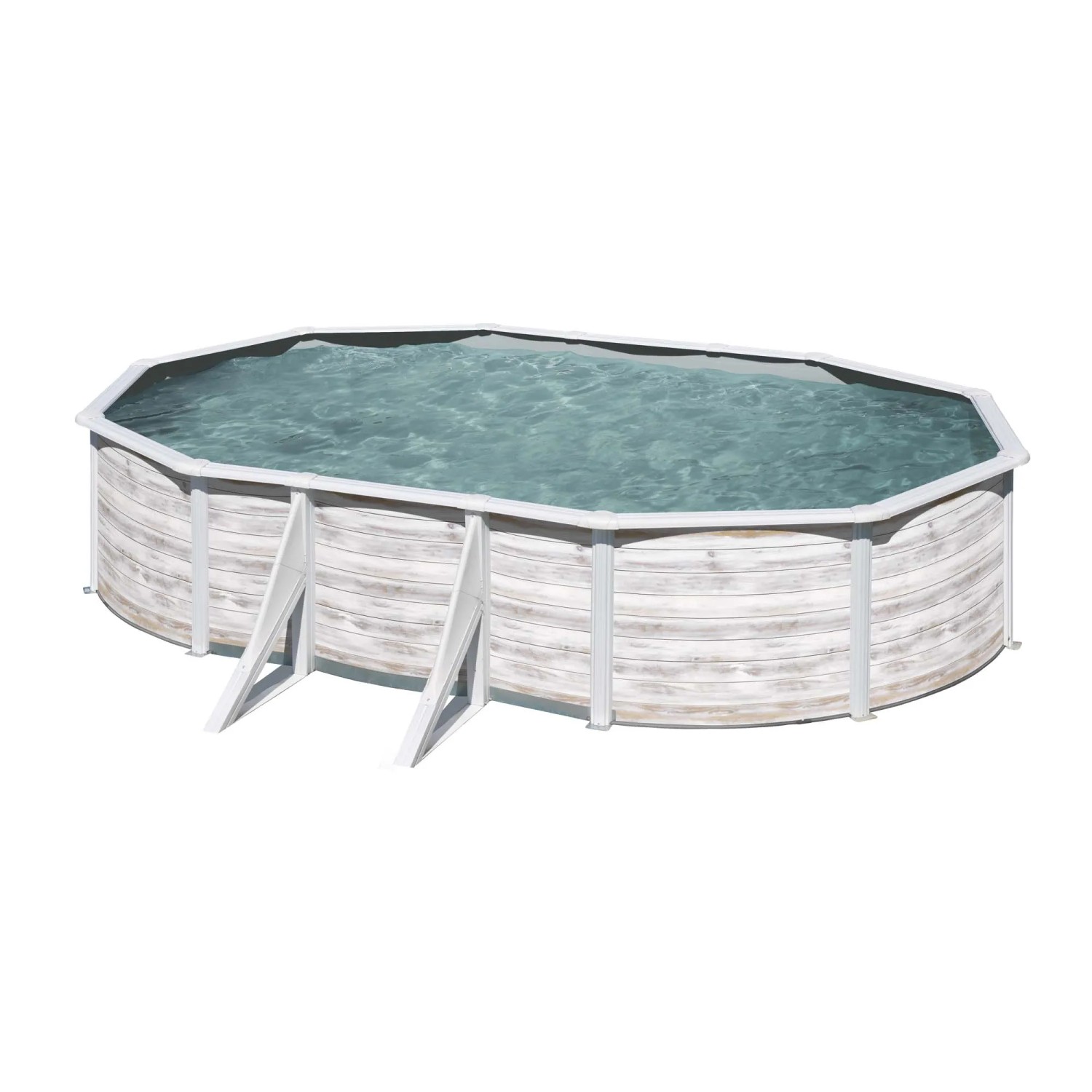 Piscina ovale Gre Pool Finlandia con look nordico, 500x300x120 cm, bianco nordico. Piscina fuori terra con decoro legno.
