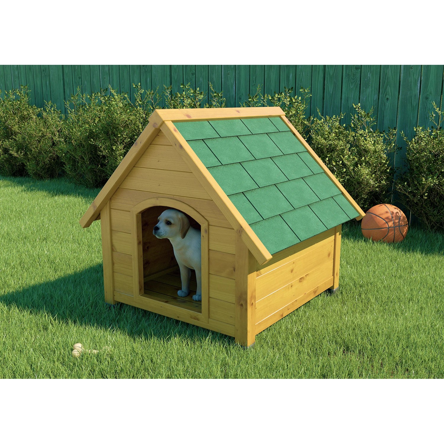 Cuccia in legno con tetto verde e cagnolino all'interno.