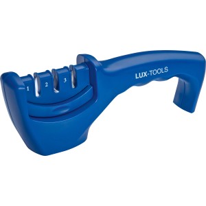 Affilacoltelli e lucidatore LUX blu con tre livelli di affilatura per coltelli da cucina.