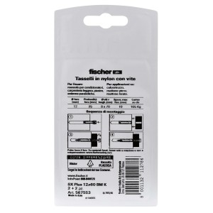 Tasselli Fischer SX Plus 12x60 BM K, nylon con vite, istruzioni di montaggio sulla confezione.