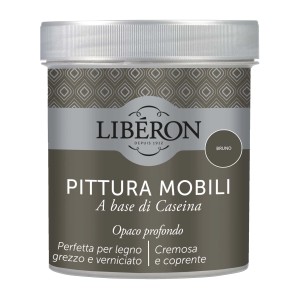 Barattolo di vernice per mobili Liberon marrone scuro.