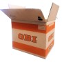 Scatola di trasloco aperta con logo OBI e strisce arancioni.