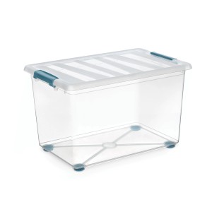 Contenitore trasparente t.b.t. con coperchio e chiusure blu.