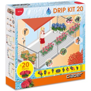 Confezione del kit di irrigazione Claber "Drip Kit 20" per un massimo di 20 piante.