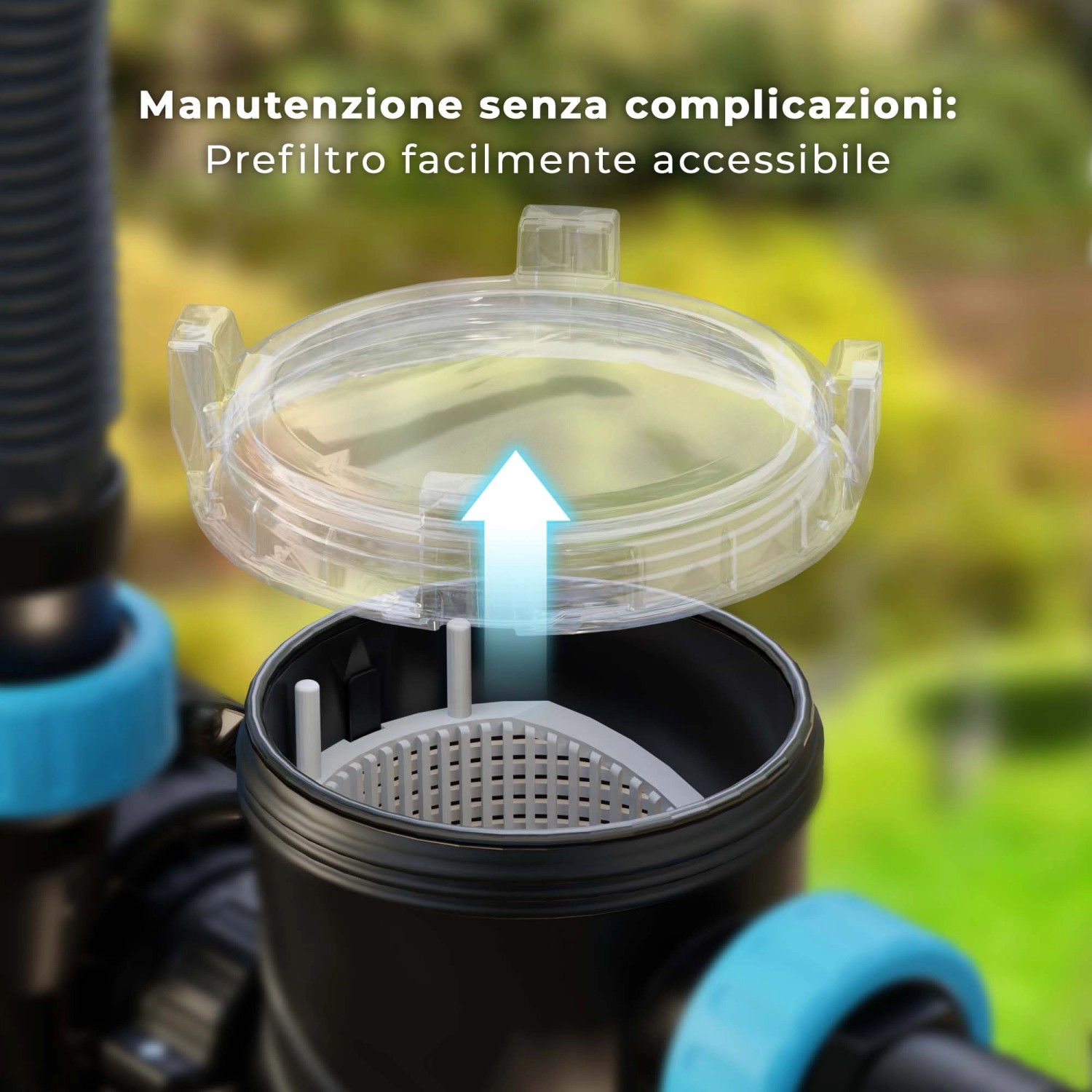 Sistema di filtraggio a sabbia Gre: Dettaglio del prefiltro facilmente accessibile per una facile manutenzione.