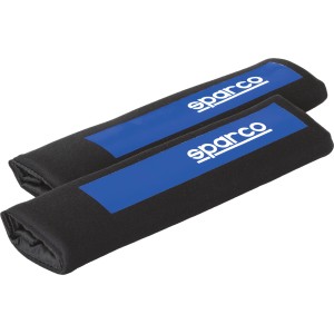 Due protezioni spalla nere t.b.t. per sedili auto con logo Sparco blu.
