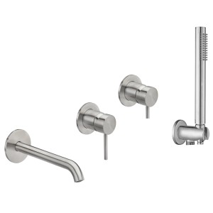 Miscelatore per vasca t.b.t. in acciaio inox con doccetta e comandi.