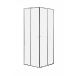 Box doccia angolare t.b.t. con telaio argento e ante in vetro trasparente.