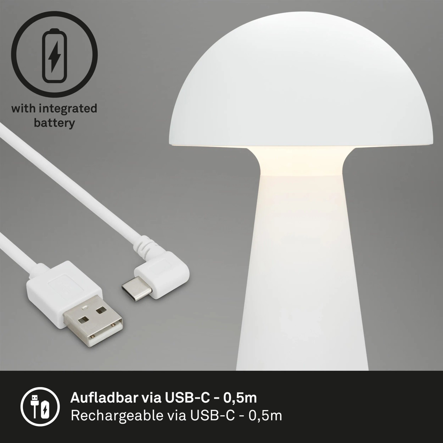 Lampada da tavolo a batteria bianca Brilo Fungo con cavo USB-C. Lampada da esterno a forma di fungo.