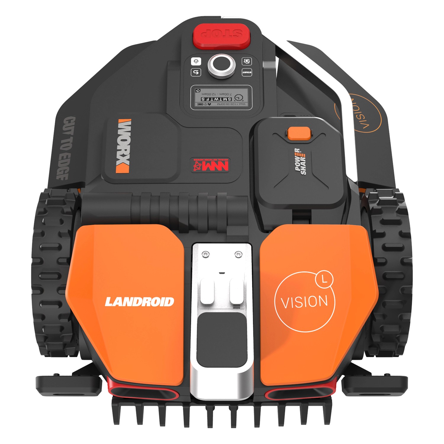 Worx Landroid Vision L1300 WR213E robot tagliaerba, vista frontale. Robot rasaerba senza filo perimetrale.