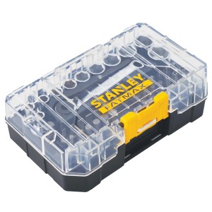Valigetta porta attrezzi Stanley Fatmax con coperchio trasparente e chiusura gialla.