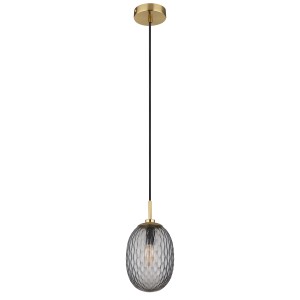 Lampada a sospensione t.b.t. con paralume in vetro grigio e dettagli color oro.