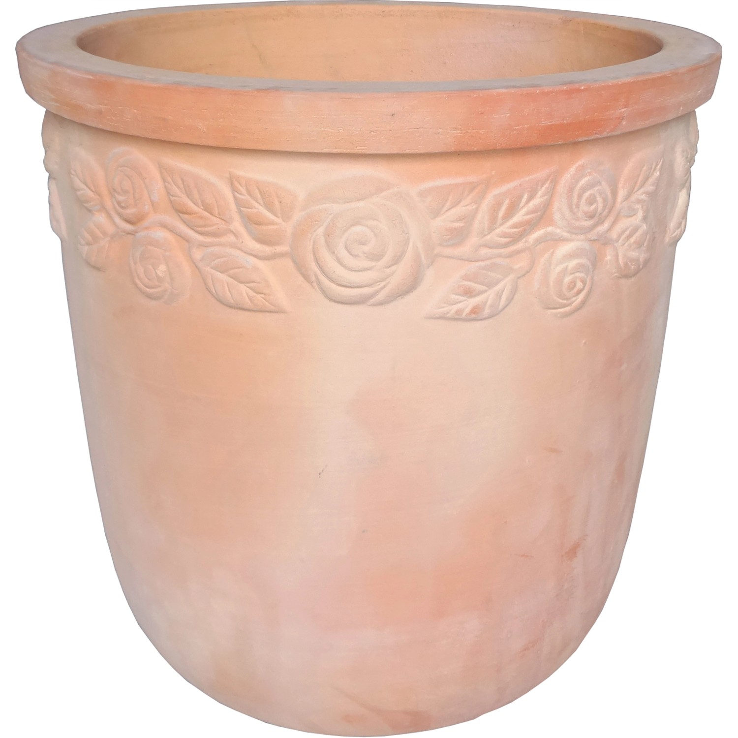 Vaso rotondo in terracotta (Ø 19cm) con decoro a rose per giardino e balcone.