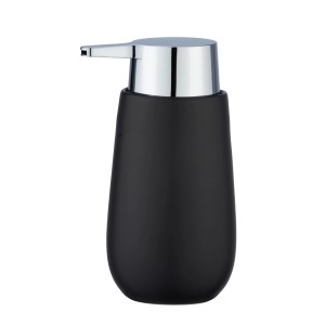 Dispenser sapone Wenko Badi nero in ceramica con pompa cromata. Ideale per bagno e cucina.