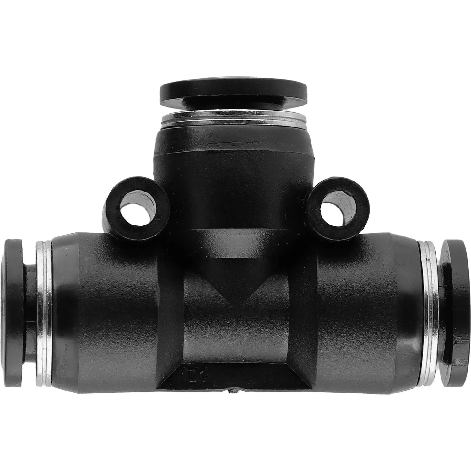 Raccordo a T nero per sistemi di microirrigazione.