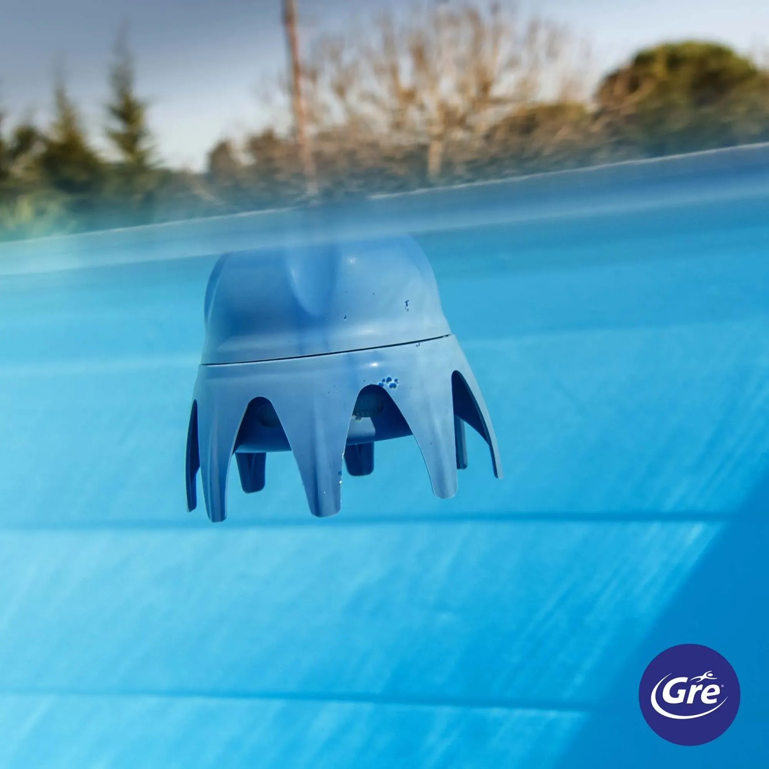 Pulitore blu per la disinfezione della piscina.