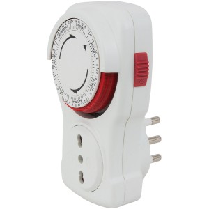 Timer bianco per domotica con quadrante rosso e presa.