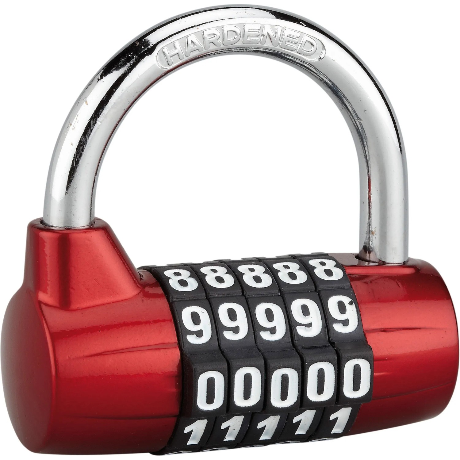 Lucchetto a combinazione rosso t.b.t. con arco in acciaio per maggiore sicurezza.