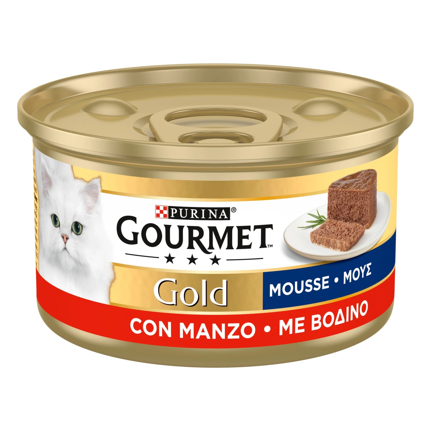 Lattina di cibo umido per gatti Gourmet Gold mousse con manzo.