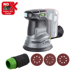 Levigatrice rotorbitale a batteria LUX A-EXS-20/125 (senza batteria/caricabatterie) con sacco raccoglipolvere e dischi abrasivi.